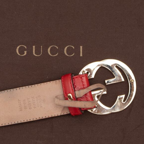 GUCCI Red Leather Signature Monogram Interlocking GG Gold Buckle Belt 100•40